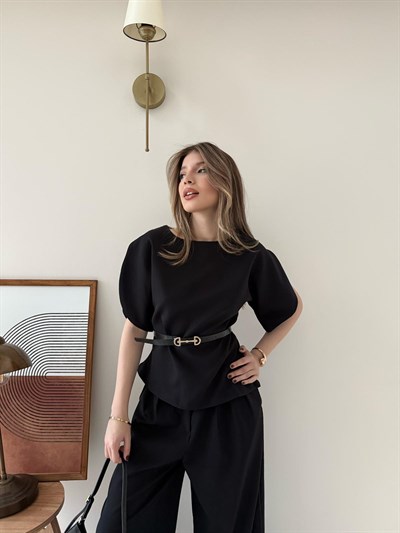 Kol Detay İnce Kemerli Double Crep Kumas Bluz Siyah 2185