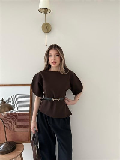 Kol Detay İnce Kemerli Double Crep Kumas Bluz Kahverengi 2185