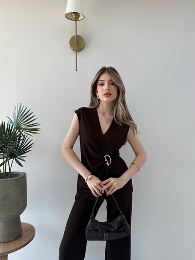 Kruvaze Yaka Aksesuar Detay Bluz ve Pantolonlu Modal İkili Takım Acı Kahve 2277