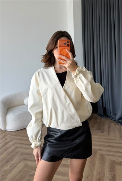 Kruvaze Yaka Çıtçıtlı Trenç Bomber Ekru 2485