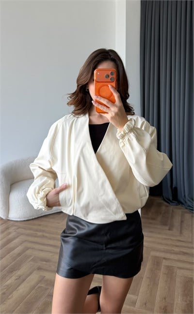 Kruvaze Yaka Çıtçıtlı Trenç Bomber Ekru 2485