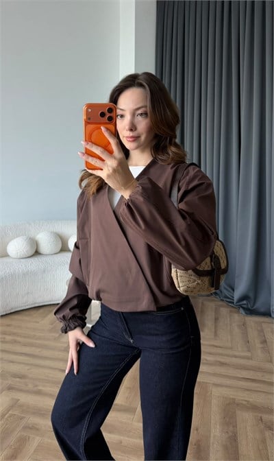 Kruvaze Yaka Çıtçıtlı Trenç Bomber Kahve 2485