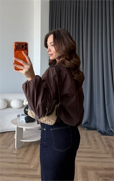 Kruvaze Yaka Çıtçıtlı Trenç Bomber Kahve 2485