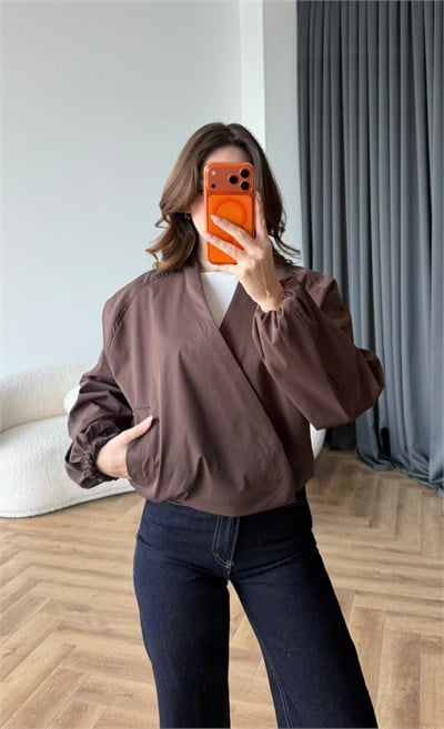 Kruvaze Yaka Çıtçıtlı Trenç Bomber Kahve 2485