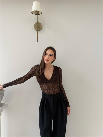 Kruvaze Yaka Dantel Bodysuit Kahve 2057
