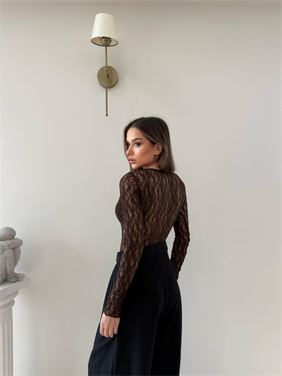Kruvaze Yaka Dantel Bodysuit Kahve 2057