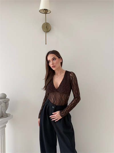 Kruvaze Yaka Dantel Bodysuit Kahve 2057