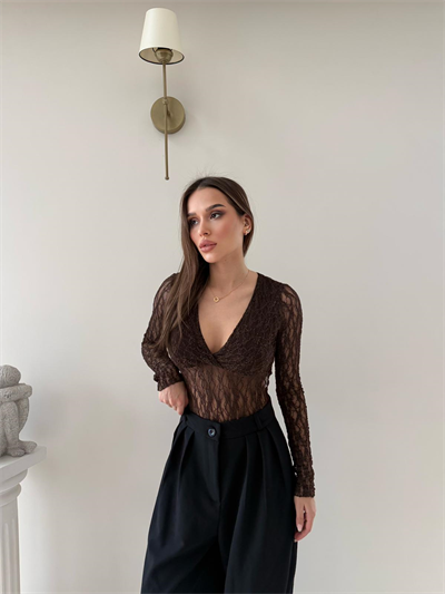 Kruvaze Yaka Dantel Bodysuit Kahve 2057