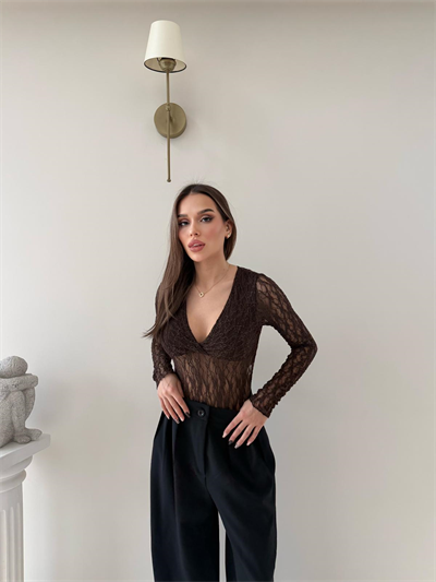 Kruvaze Yaka Dantel Bodysuit Kahve 2057