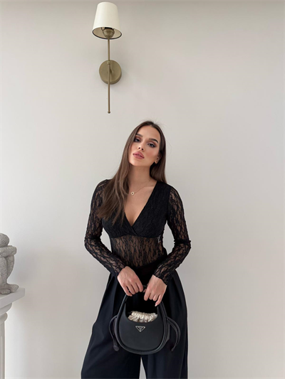 Kruvaze Yaka Dantel Bodysuit Siyah 2057