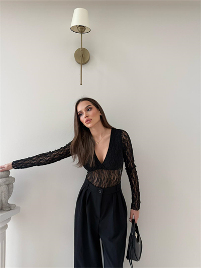 Kruvaze Yaka Dantel Bodysuit Siyah 2057