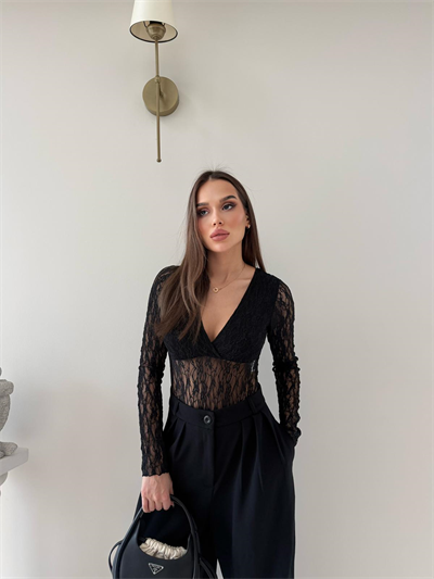Kruvaze Yaka Dantel Bodysuit Siyah 2057