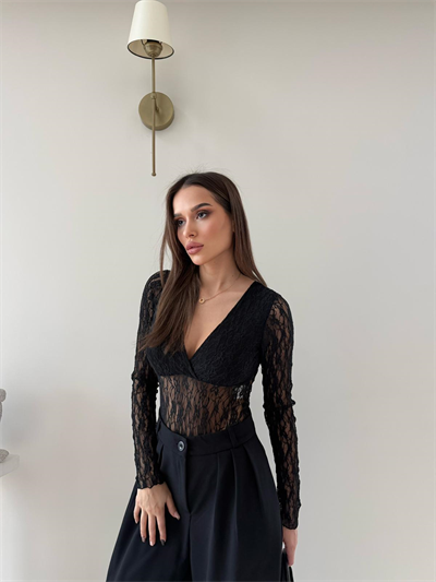 Kruvaze Yaka Dantel Bodysuit Siyah 2057