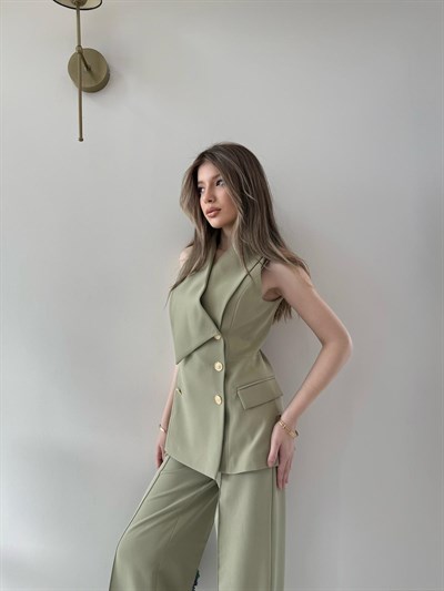 Kruvaze Yaka Gold Düğmeli Yelek ve Pantolonlu Double Kumaş İkili Takım Haki 2151
