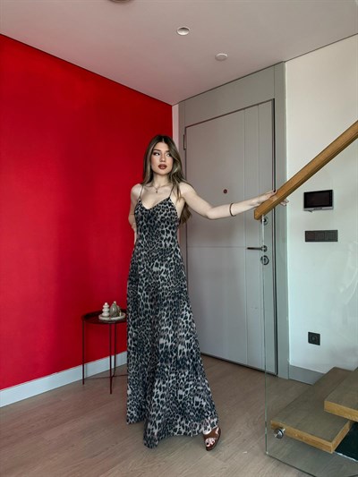 Leopar Desen Askılı İç Astarlı Uzun Elbise 2259