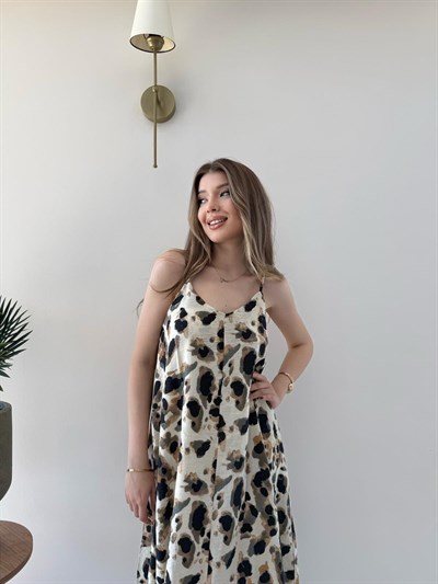 Leopar Desen Askılı Salaş Elbise Bej 2290
