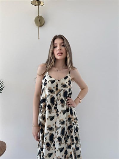 Leopar Desen Askılı Salaş Elbise Bej 2290