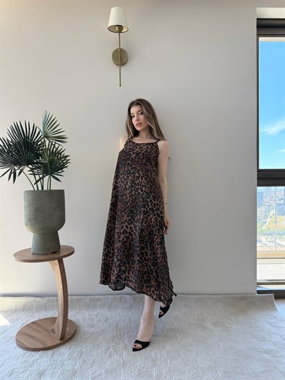 Leopar Desen Askılı Salaş Elbise Kahve 2290