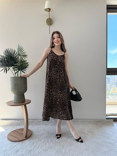 Leopar Desen Askılı Salaş Elbise Kahve 2290