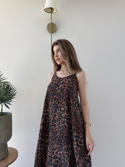 Leopar Desen Askılı Salaş Elbise Kahve 2290