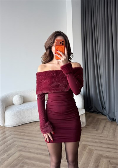 Madonna Yaka Kürk Detay Drapeli Elbise Bordo 2539