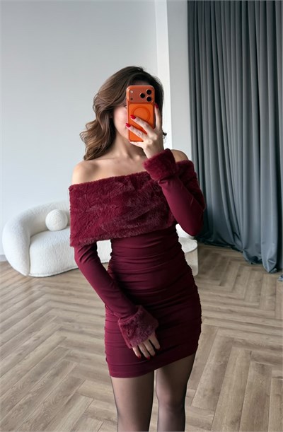 Madonna Yaka Kürk Detay Drapeli Elbise Bordo 2539