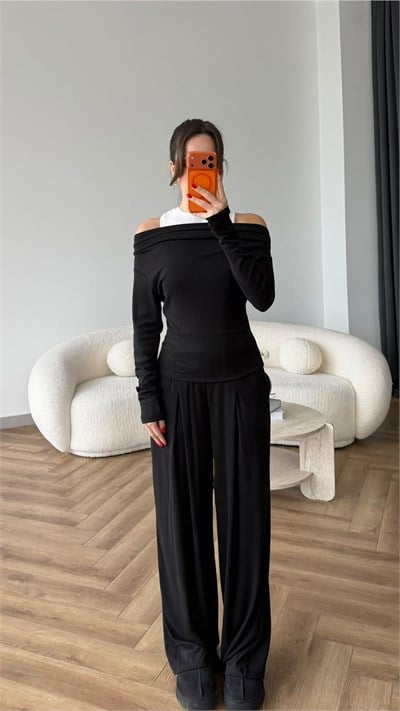 Madonna Yaka Tişört Detay Bluz ve Pantolonlu Modal Takım Siyah 2512