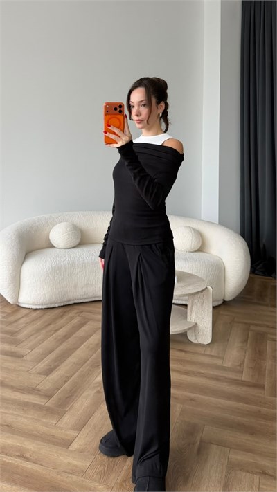 Madonna Yaka Tişört Detay Bluz ve Pantolonlu Modal Takım Siyah 2512