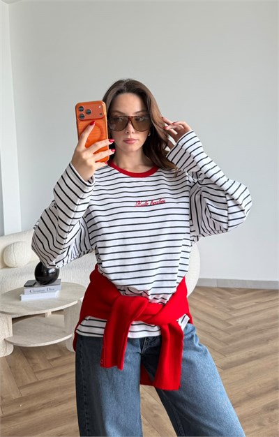 Nakış Detay Çizgili Oversize Sweat Beyaz Siyah 2523