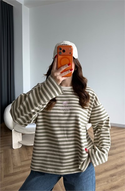 Nakiş Detay Çizgili Sweat Bej 2524