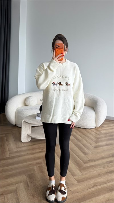 Nakiş Detay Oversize Kazak Ekru 2515