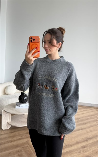 Nakiş Detay Oversize Kazak Gri 2515