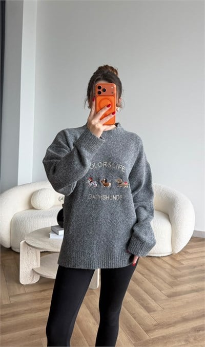 Nakiş Detay Oversize Kazak Gri 2515
