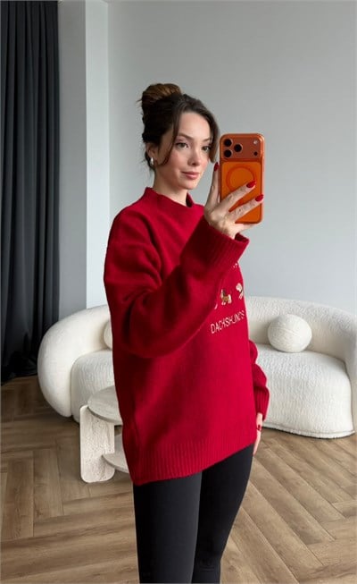 Nakiş Detay Oversize Kazak Kırmızı 2515