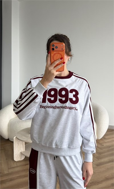 Nakiş Detay Sweat ve Garneli Pantolonlu 3 İplik Takım Gri Bordo 2455