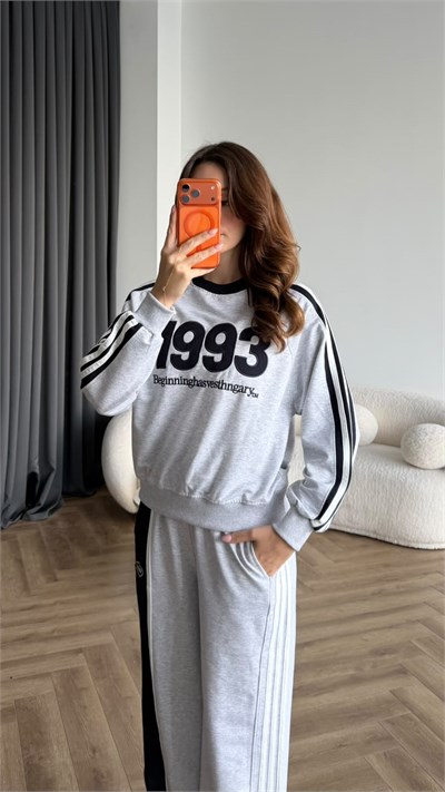 Nakiş Detay Sweat ve Garneli Pantolonlu 3 İplik Takım Gri 2455