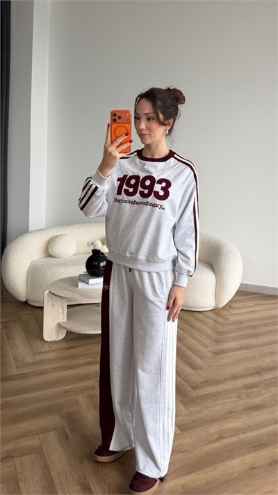 Nakiş Detay Sweat ve Garneli Pantolonlu 3 İplik Takım Gri Bordo 2455
