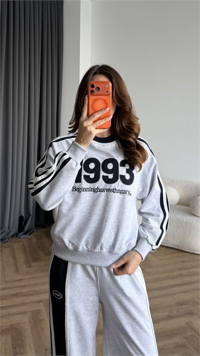 Nakiş Detay Sweat ve Garneli Pantolonlu 3 İplik Takım Gri 2455