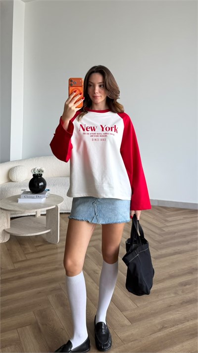 New York Baskılı Kol Garne Detay Oversize Sweat Beyaz 2522