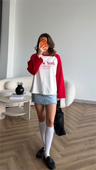 New York Baskılı Kol Garne Detay Oversize Sweat Beyaz 2522