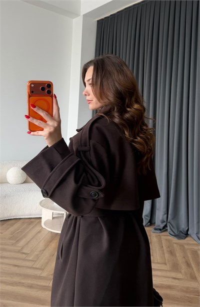 Omuz Apolet Detay Bel Kuşaklı İç Astarlı Premium Kaşe Kaban Acı Kahve 2535
