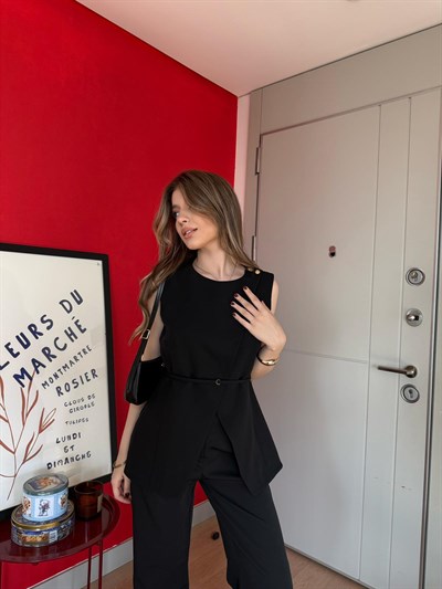 Omuz Düğmeli Bel Kuşak Asimetrik Detay Yelek ve Pantolonlu İkili Takım Siyah 2157