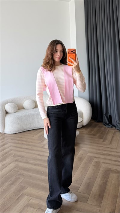 Omuz Fular Detay Çizgili Triko Kazak Pembe 2462