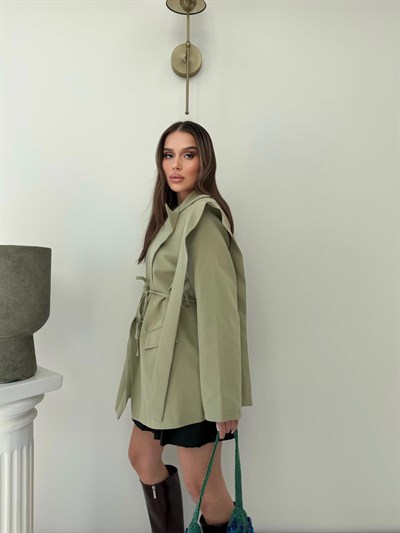 Omuz Sacaklı Bel Bağlama Detay İç Astarlı Blazer Ceket Haki 2092