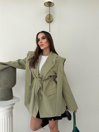Omuz Sacaklı Bel Bağlama Detay İç Astarlı Blazer Ceket Haki 2092