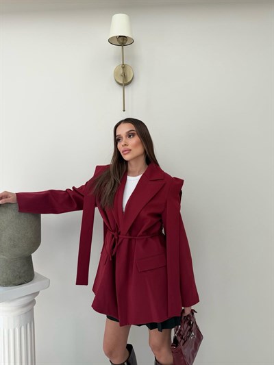 Omuz Sacaklı Bel Bağlama Detay İç Astarlı Blazer Ceket Bordo 2092