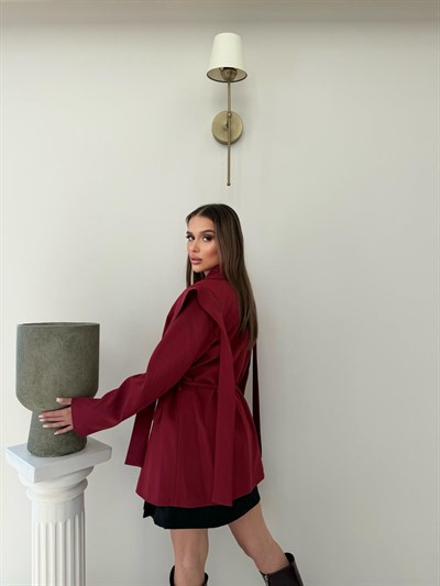 Omuz Sacaklı Bel Bağlama Detay İç Astarlı Blazer Ceket Bordo 2092