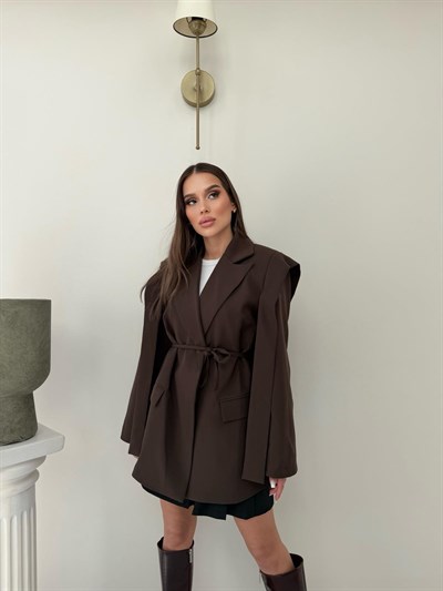 Omuz Sacaklı Bel Bağlama Detay İç Astarlı Blazer Ceket Acı Kahve 2092