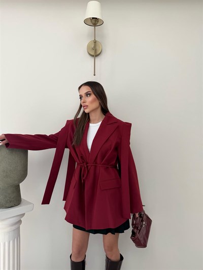Omuz Sacaklı Bel Bağlama Detay İç Astarlı Blazer Ceket Bordo 2092