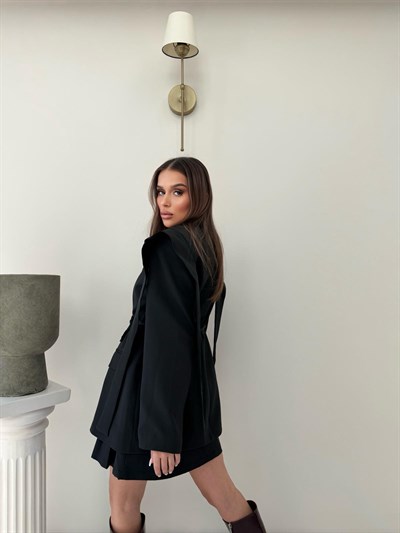 Omuz Sacaklı Bel Bağlama Detay İç Astarlı Blazer Ceket Siyah 2092